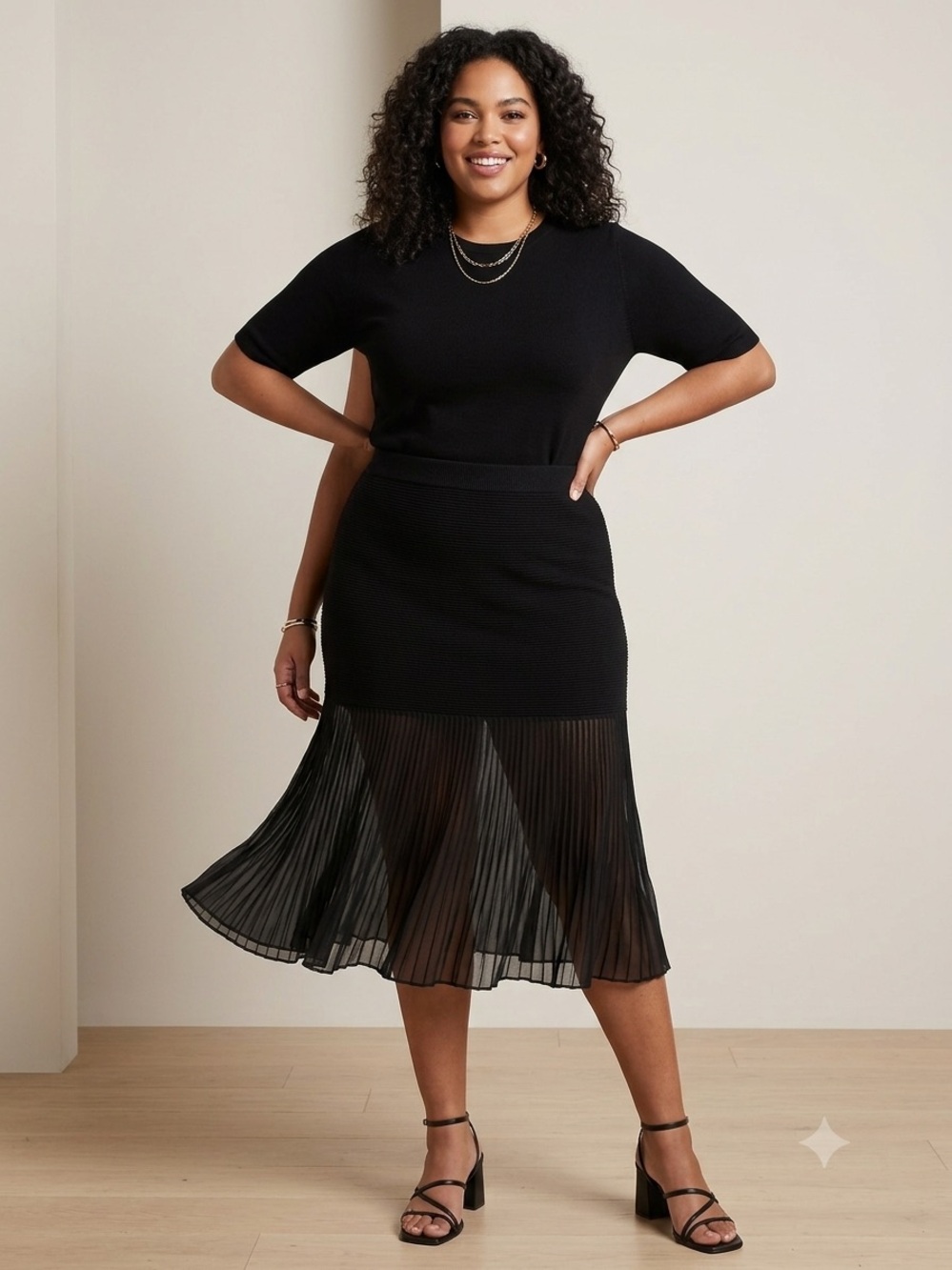 ELOQUII Black ribbed Pleated sheer Hem Midi Skirt - Women 26/28